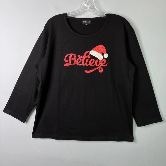 Marvel Fashions Believe Sparkle Santa Hat Christmas Graphic 3/4 Length Tee Sz XL - Picture 1 of 13